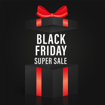 Super Black Friday Sale. Black background with Realistic black gift box. Social media template. Vector illustration