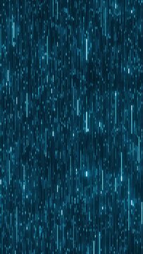 Digital pattern with neon blue running lines. Loopable hi tech abstract light blue technology background. Seamless reversible loop of program code moving in cyberspace. AI, big data transfer. Vertical