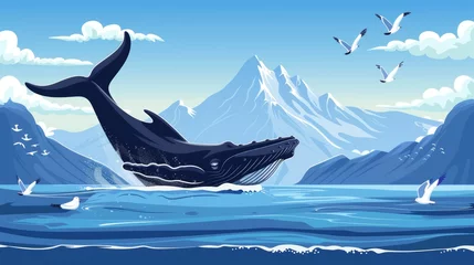 Fotobehang The image shows a humpback whale diving in ocean bay, mountain landscapes on the horizon, and seagulls hovering above. Modern cartoon illustration of marine mammals diving in ocean bay, wildlife © Mark