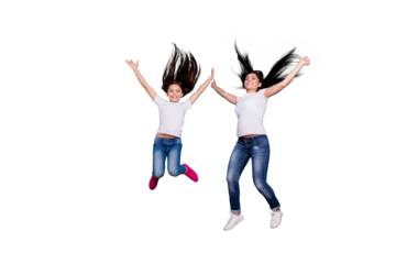 Full length body size view of two nice free lovely attractive adorable cheerful cheery slim sporty careless carefree people in white t-shirt rejoice isolated over blue pastel background