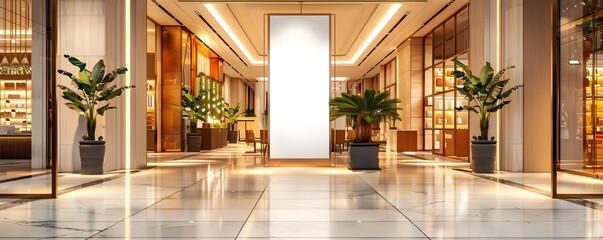 an elegant roll up banner positioned at the entrance of a high end mall boutique