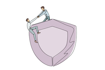 Continuous one line drawing businessman helps colleague climb big shield. Teamwork keeps colleagues safe from evil businessman. Support and help each other. Single line draw design vector illustration