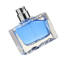 Blue men's perfume in bottle isolated on white