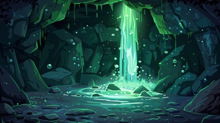 A dark, toxic game cave set against a cartoon background. A fantasy poisonous dungeon with green waterfalls and underground streams. A scene in an inner mountain range with glowing sewage and - obrazy, fototapety, plakaty