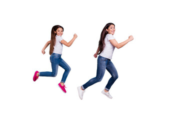 Fototapeta na wymiar Full length body size profile side view of two nice sweet lovely attractive cheerful cheery funny slim sporty people in white t-shirt having fun isolated over blue pastel background