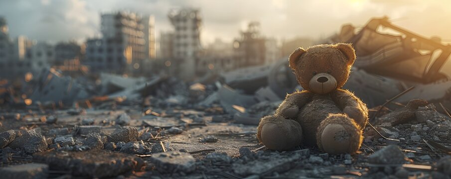 Desolate teddy bear amidst the ruins of a devastated city after an earthquake highlighting the vulnerability and tragedy