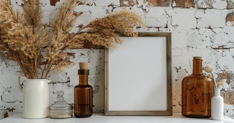 Picture Frame on Shelf Next to Bottles - obrazy, fototapety, plakaty