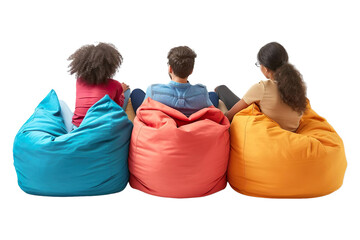 Friends watching TV on bean bag cushion Isolated on transparent background.