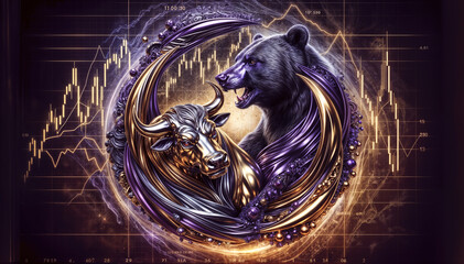 Bull vs bear, symbols of stock market trends, fierce market battle in gold and purple colors with chart.