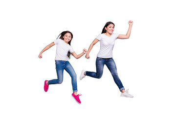 Fototapeta na wymiar Full length body size profile side view of two nice crazy lovely attractive cheerful funny slim sporty people in white t-shirt having fun rush hour isolated over blue pastel background