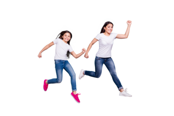 Full length body size profile side view of two nice crazy lovely attractive cheerful funny slim sporty people in white t-shirt having fun rush hour isolated over blue pastel background