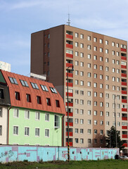 Panel houses of Eastern Europe. Bratislava Sleepy quarters. Colorful modern buildings, green grass, no people. 