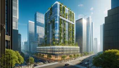 Fototapeta na wymiar Eco-Futuristic Skyscraper with Vertical Gardens in Urban Cityscape