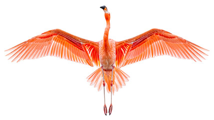 Flying flamingo with spread wings, view from downside, isolated on a transparent background