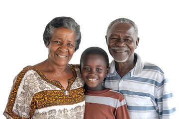 Front view of a mid shot of a African Old Couple smiling with teen boy Isolated on transparent background.