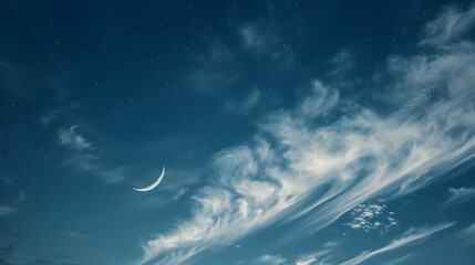 Obraz na płótnie Canvas Serene Celestial Landscape with Crescent Moon and Wispy Clouds in Starry Night Sky Ideal for Calming Meditation Apps and Peaceful Wellness Products