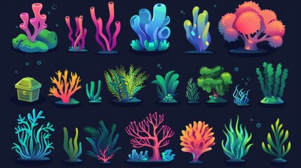 Fototapeta na wymiar Coral, seaweed and sponge plant illustrations for underwater illustrations. Seaweed, kelp grass and treasure chests graphics.