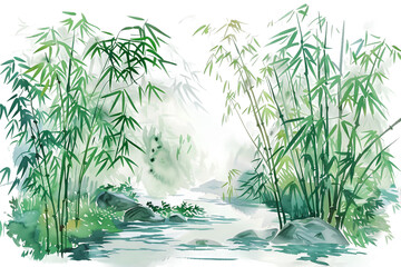 Watercolor Bamboo Forest on Transparent Background. PNG