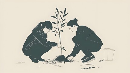 Nurturing a Shared Future Two Figures Planting a Tree in Delicate Ink Brush Style