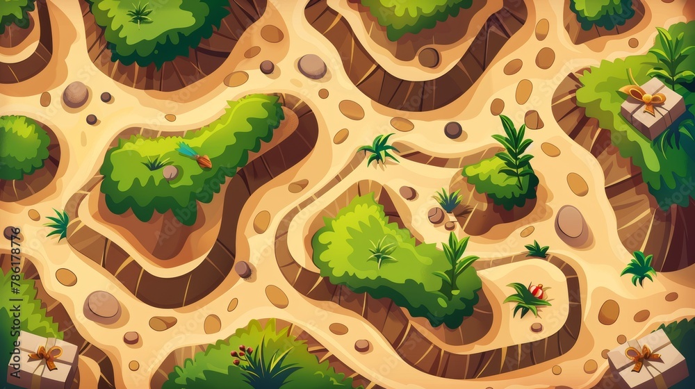 Wall mural Map of the game road with level indicators, green grass and plants islands, gift box with bow, path with stone platform for each stage. Cartoon illustration. - Wall murals