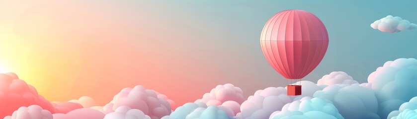 Obraz premium Minimal illustration of a hot air balloon floating amongst pastel cloud with Text space on the left.