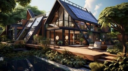 Modern eco-friendly house with solar panels, surrounded by lush greenery at sunset.
