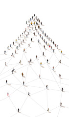 Aerial view of people connected with line and forming arrow symbol, moving forward with...