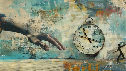 Collage of a hand with a clock and a running man. - obrazy, fototapety, plakaty