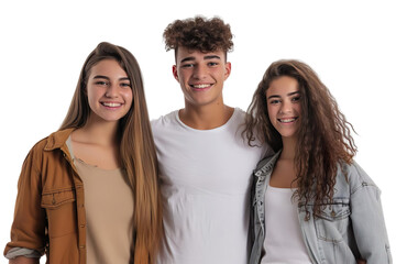 Front view of a mid shot of a Mid Couple smiling with teen girl Isolated on transparent background.