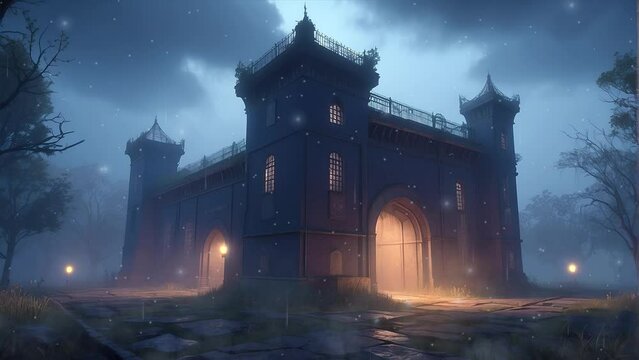 Immerse yourself in the grandeur of a vast ancient prison complex, its massive high walls and vigilant monitoring towers depicted in this captivating looping video