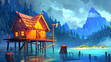 Game modern with hut on stilt near lake. Rain scene with forest house and mountain view. Axe and stump near wooden cabin apartment.