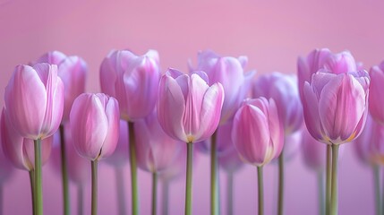 Minimalistic tulips in a row on soft pastel purple background - obrazy, fototapety, plakaty