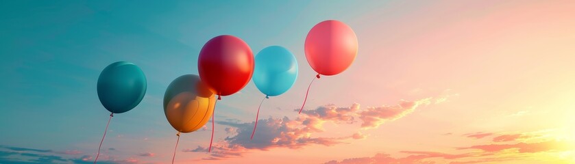 Playful balloons escaping into a pastel sunset sky