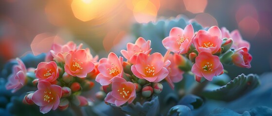 Under the sun, a pale backdrop demonstrates lovely pink blooms and huge, gleaming green foliages over a kalanchoe flower and space, Generative AI. - obrazy, fototapety, plakaty