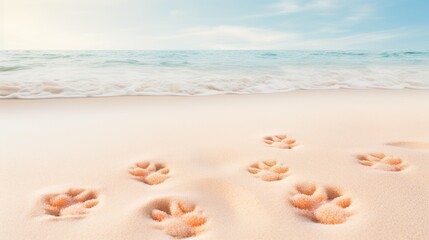 Fototapeta na wymiar Subtle cat paw impressions on a sandy beach pastel peach horizon