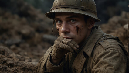 Portrait of a poor frightened World War Soldier in a Trench with fear in his eyes