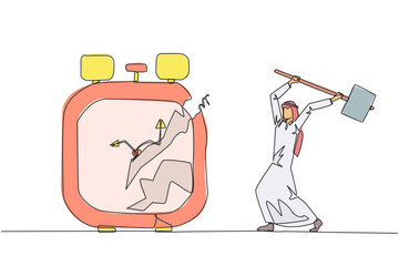 Single one line drawing Arab businessman preparing to hit big alarm clock. Can't manage time well. Many business opportunities disappear. Angry businessman. Continuous line design graphic illustration