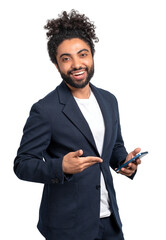A cheerful man in a business suit holding a smartphone and pointing at it, on a white isolated...