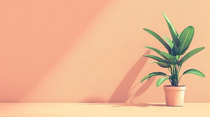 A minimal illustration of a potted plant on a peach pastel background with copy space.