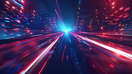 Flowing light speed motion background with blues and reds. Night flare for fast movement on the street. Neon race trail with color blur gradient on the highway. Pattern of cyber network velocity. - obrazy, fototapety, plakaty