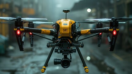 A yellow and black aircraft with a camera is flying in the rain - obrazy, fototapety, plakaty