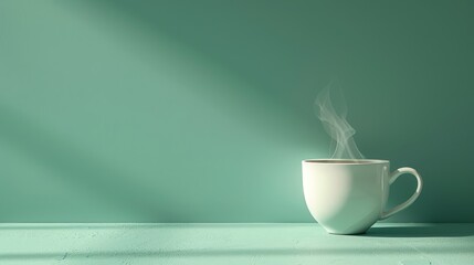 A minimal coffee cup with stylized steam and copy space area for text on a green pastel background - obrazy, fototapety, plakaty