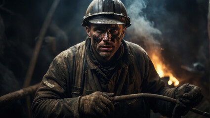 Obraz premium Worker in a histroric Coal Mine. Portrait of Hardship in the Oil or Coal Industry. Close up picture of the worker's head with stern expressions on his face