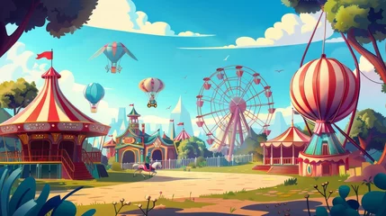 Gardinen A carnival with a ferris wheel and circus, colorful chalet tents, popcorn vending machines, a shooting range, a carousel, air balloons, and a summer day are all illustrated in this modern cartoon © Mark