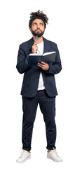 A thoughtful man holding a notebook and pen, dressed in business casual attire, on a white background, concept of planning