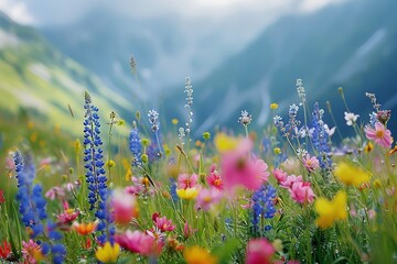 A variety of wild flowers blooming in alpine meadows with a big space and sky backdrop for text or floral backdrop for product advertisement, Generative AI.