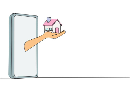 Single continuous line drawing hands come out from middle of smartphone holding a miniature house. Getting best asset in the form of a house from business result. One line design vector illustration