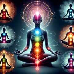 This graphic shows the energy of different colored chakras in the human body emitting aura energy.