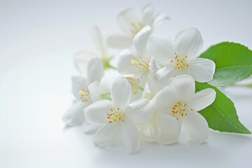 White jasmine flowers on white background with copy space for text