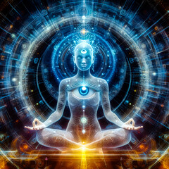 Illustration of a human meditating to open the third eye to communicate with pure divine energy.